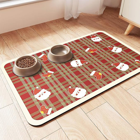 Pet Feeding Mat-Absorbent Pet Placemat for Food and Water Bowl, with Waterproof Rubber Backing, Quick Dry Water Dispenser Mat for Dog and Cat(Christmas, 12"x20")
