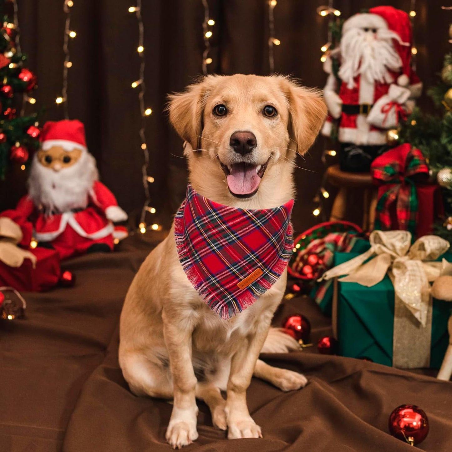 ADOGGYGO Christmas Dog Bandanas with Tassels, Stylish Plaid Dog Scarf Bib, Premium Cotton Fabric, Red Green Christmas Bandanas for Large and Extra Large Dogs Pets (X-Large)