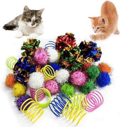 Cat Toys for Indoor,35 Pack Interactive Cat Toy Pack Including Crinkle Balls,Sparkle Balls,Spiral Springs for Most Cats,Interactive Toys for Cats Ball Toys Products Kitten Toys Random Color