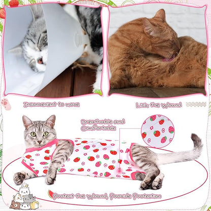 Nuanchu 3 Pieces Cat Recovery Suit Kitten Recovery Suit E-Collar Alternative for Cats and Dogs Abdominal Skin Anti Licking Pajama Clothes Sets(Medium,Strawberry Style,Colorful)