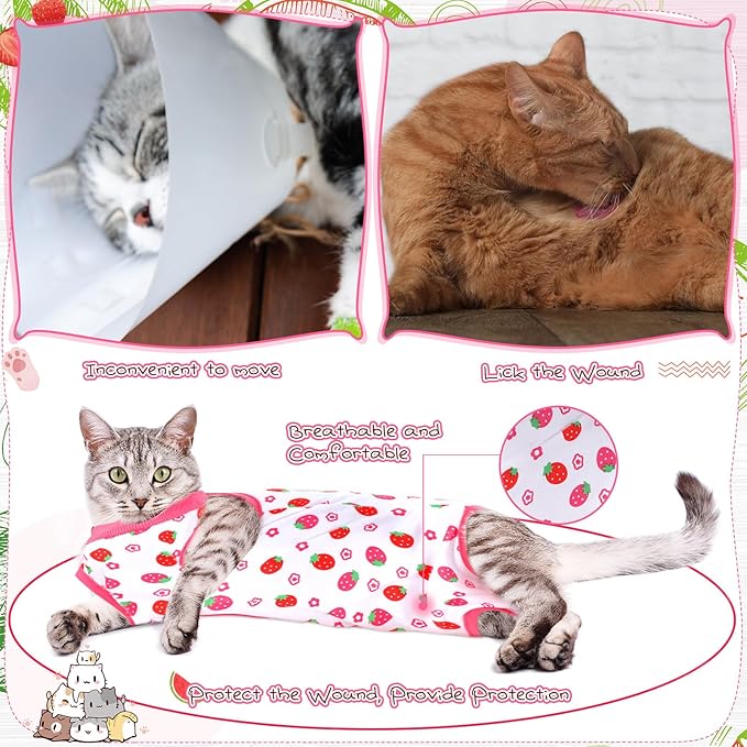 Nuanchu 3 Pieces Cat Recovery Suit Kitten Recovery Suit E-Collar Alternative for Cats and Dogs Abdominal Skin Anti Licking Pajama Clothes Sets(Large,Strawberry Style,Colorful)