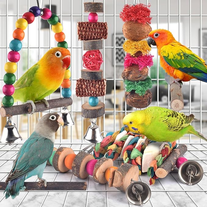 Bissap Bird Chew Toys, 7 Packs Parakeet Natural Wood Toys Parrot Hanging Cage Toy Perch Stand for Small Birds Conure Cockatiel Parrotlet Lovebird Budgie