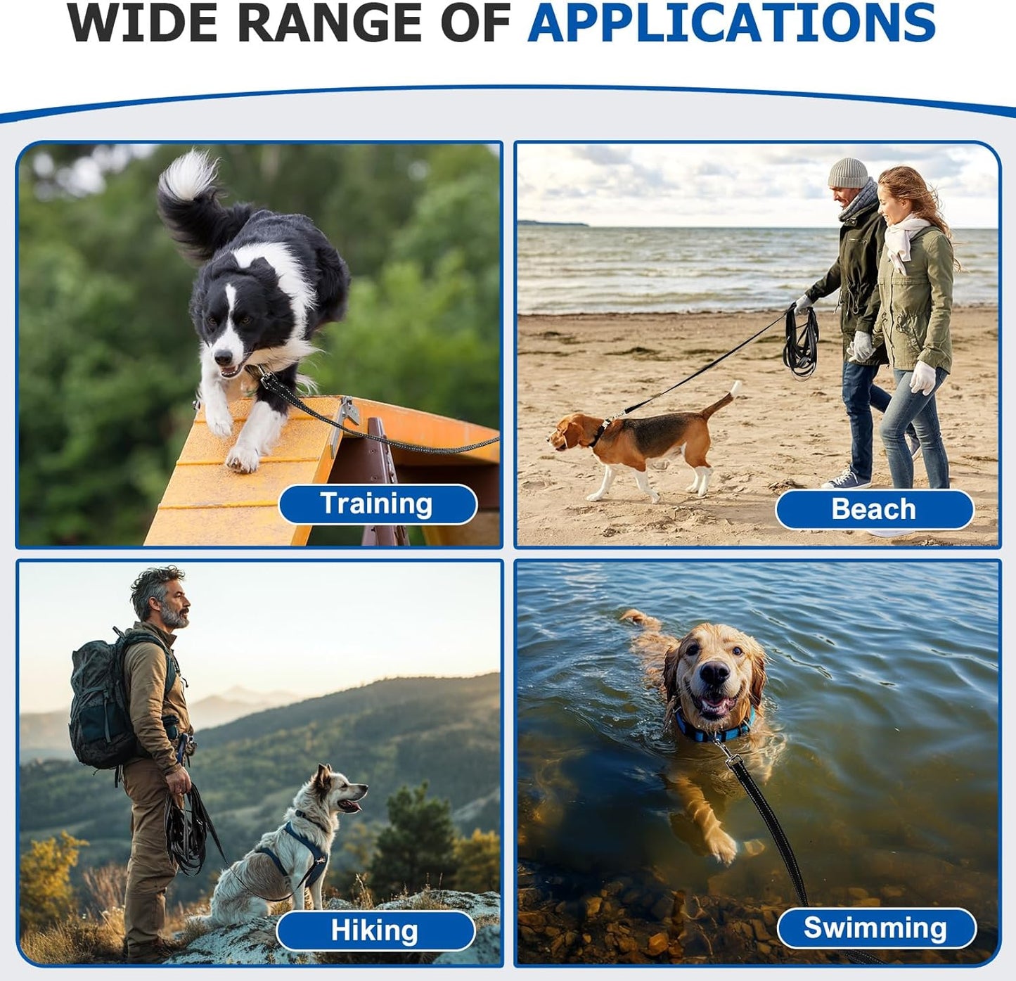 Reflective Dog Leash–10FT/16FT/30FT/50FT/100FT Durable Nylon Training Leash with Heavy-Duty Metal Clasp, High Visibility for Night Walking, Perfect for Small, Large Dogs (Black, 50FT)