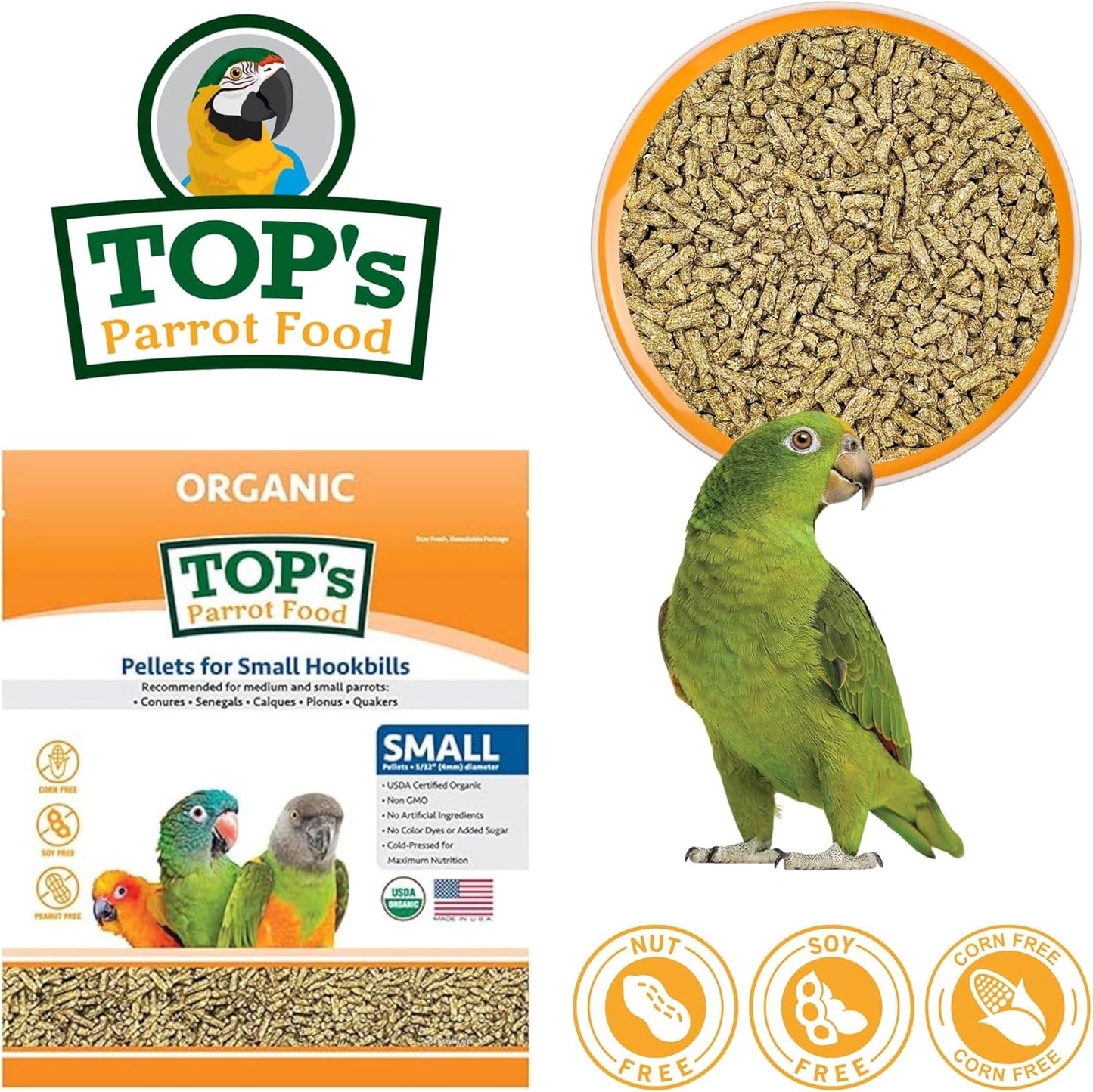 TOP's Parrot Food Bird Pellets for Small Hookbills - Non-GMO, Peanut Soy & Corn Free, USDA Organic Certified (10lbs)