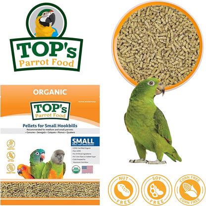 TOP's Parrot Food Bird Pellets for Small Hookbills - Non-GMO, Peanut Soy & Corn Free, USDA Organic Certified (10lbs)