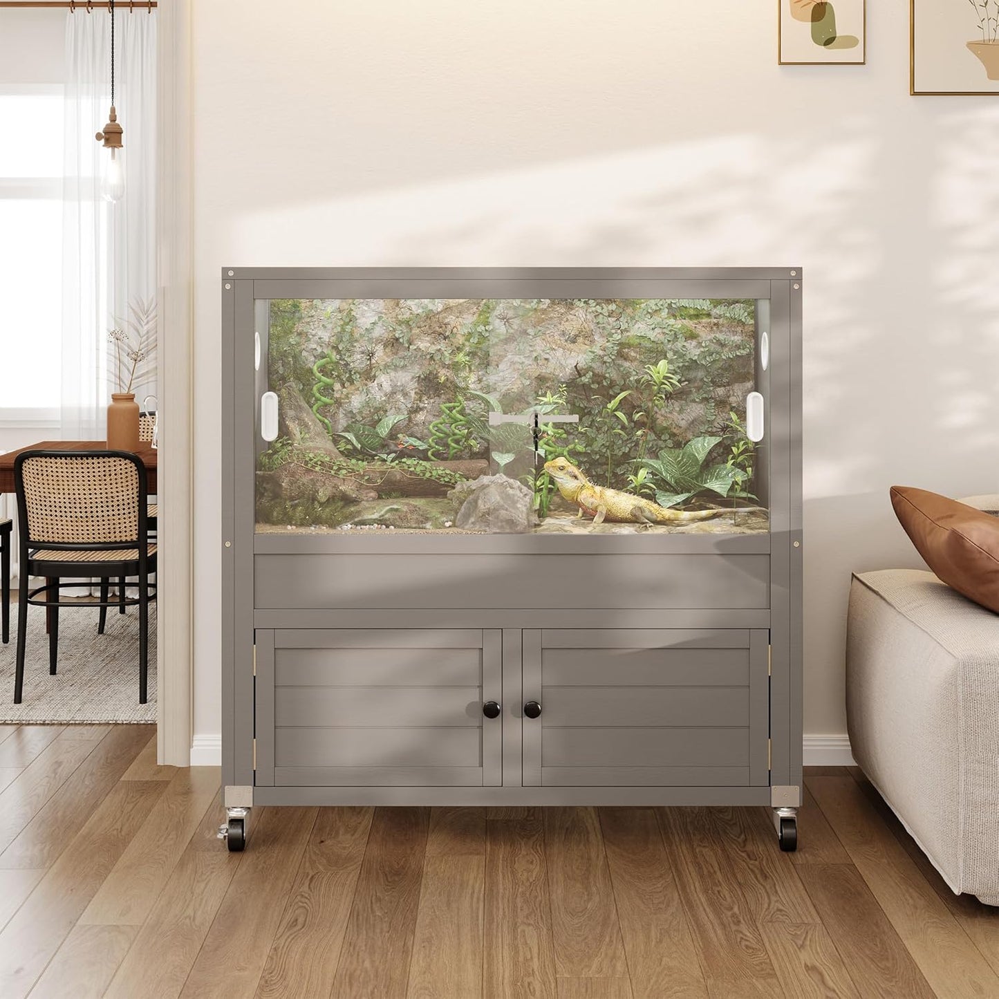 40 Gallon Reptile Tank with Storage Cabine,Bearded Dragon Tank with Stand,Reptile Enclosure with Sturdy Locks, Heat-Resistant Mesh Top, Adjustable Cabinet and 4 Wheels