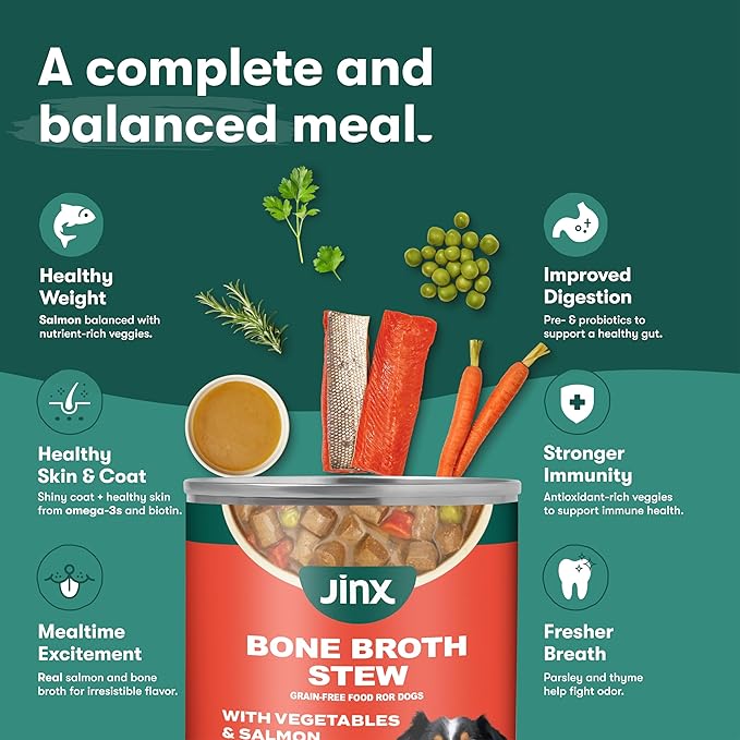 Jinx Bone Broth Stew for Dogs - Salmon & Vegetables Recipe - Grain-Free Wet Dog Food & Topper for Picky Eaters - Promotes Lean Muscle Growth, A Healthy Coat & Improved Digestion - 13 Oz, 12 Pack