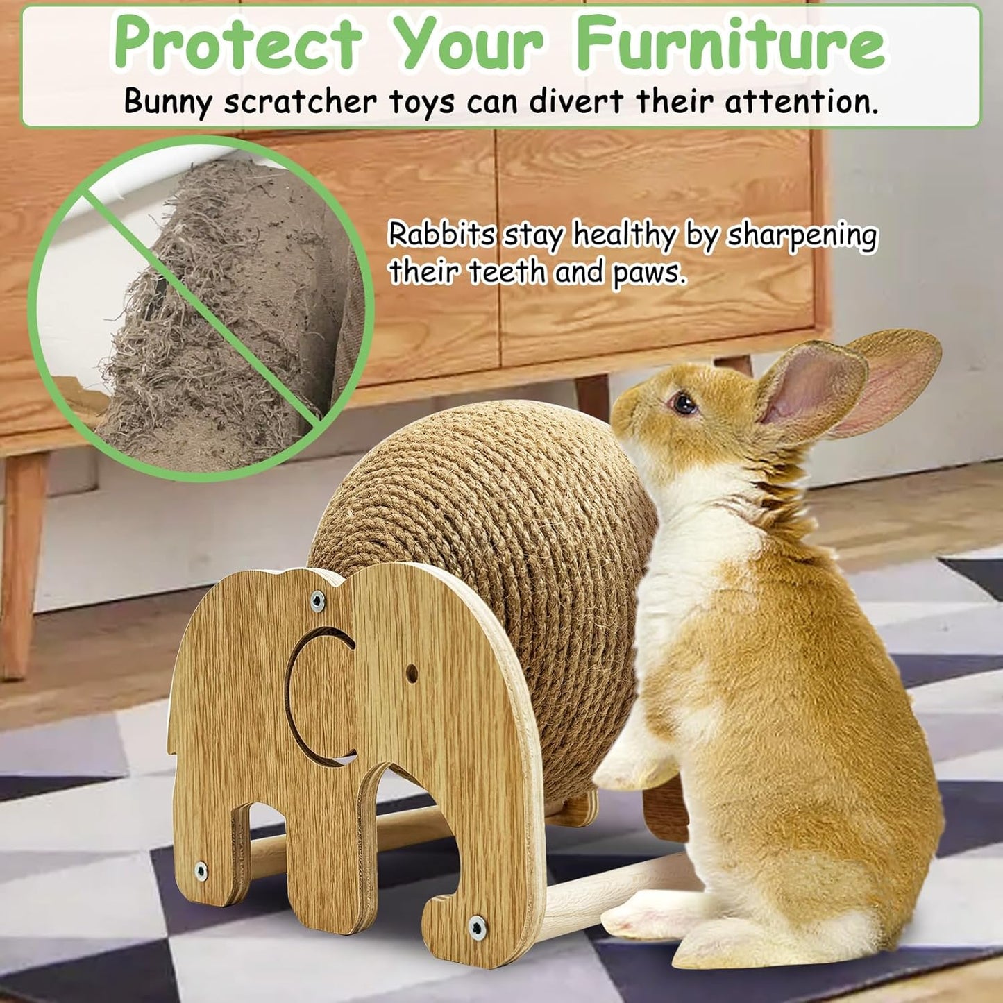 Fhiny Rabbit Scratch Toy, Natural Sisal Rabbit Scratching Ball Cute Sisal Rope Bunny Claw Scratcher Rotating Ball Interactive Toys Nail Scratching Post for Indoor Pets Kittens Ferrets Elephant Shape