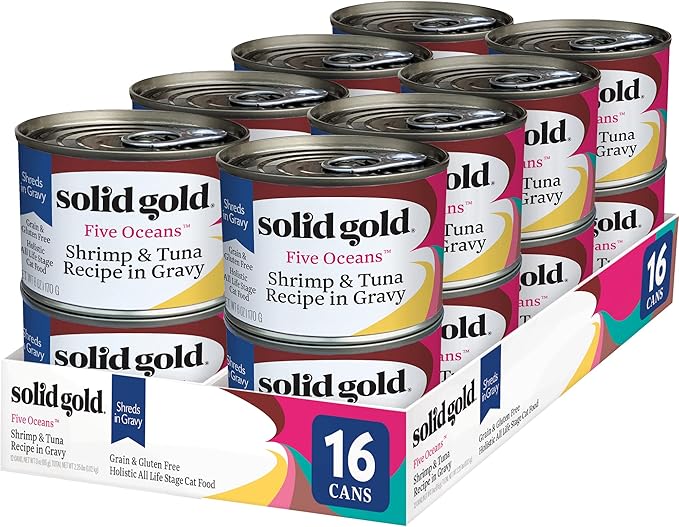 Solid Gold Wet Cat Food Shreds in Gravy - Canned Cat Food Made w/Real Tuna & Shrimp - Five Oceans Grain Free 16ct/6oz Can