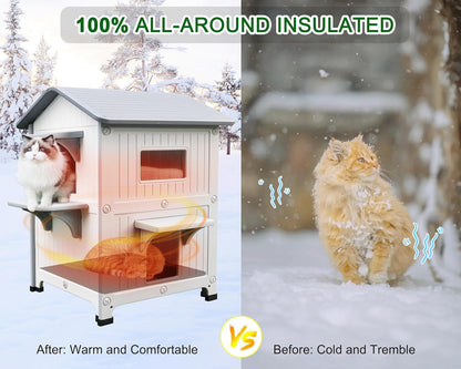 Rockever Plastic Outdoor Cat House with Insulated Liner, 100% Insulated Outdoor Cat Houses for Winter, Waterproof 2 Story Outside Cat Shelter, Clean and Assemble Easily-White