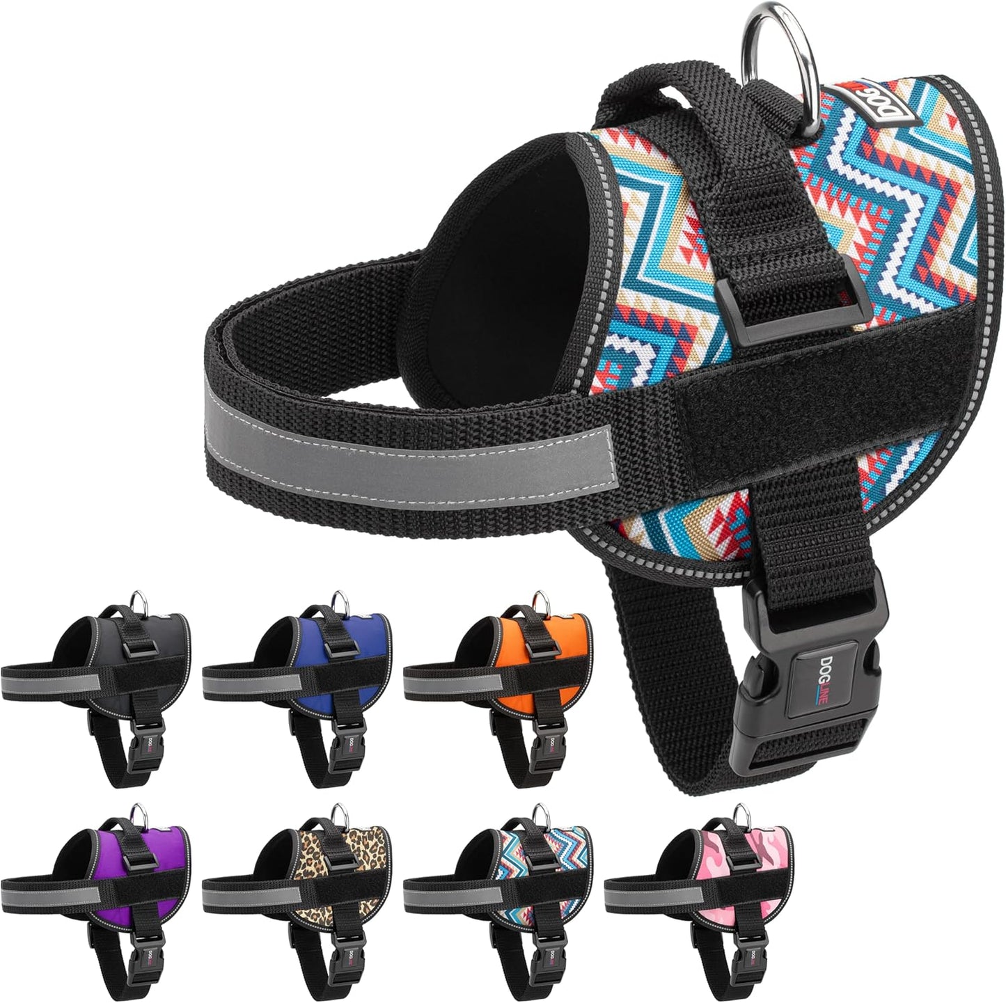Dogline Dog Harness, Reflective No-Pull Adjustable Vest with Handle for Walking, Training, Breathable, No - Choke Harness for Small, Medium or Large Dogs Room for Patches Aztec Design 2 XS 15"-18"