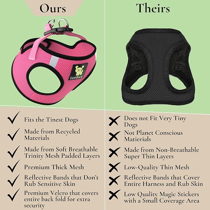 EcoBark Step in Dog Harness - Eco-Friendly Teacup Dog Harnesses for XXS, XS, and Small Dogs - Reflective and Adjustable Mini Body Halter Vest -Tiny Soft Mesh Toy Breed Harness (Bubblegum Pink, XXS)