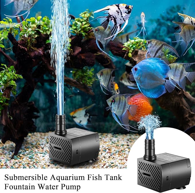 Submersible Pump, Small Fountain Pump with Tubing, Submersible Water Pump for Aquarium Fish Tank Indoor or Outdoor Pond Fountain Hydroponics Statuary (5W 95GPH, No Led Light)