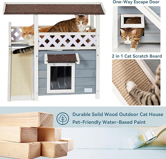Petsfit Outdoor Cat House Weatherproof, Wooden Outside Feral Cat Shelter with Scratch, 2 Story Cat Houses for Indoor Cats Small Dogs with Escape Door(Gray)
