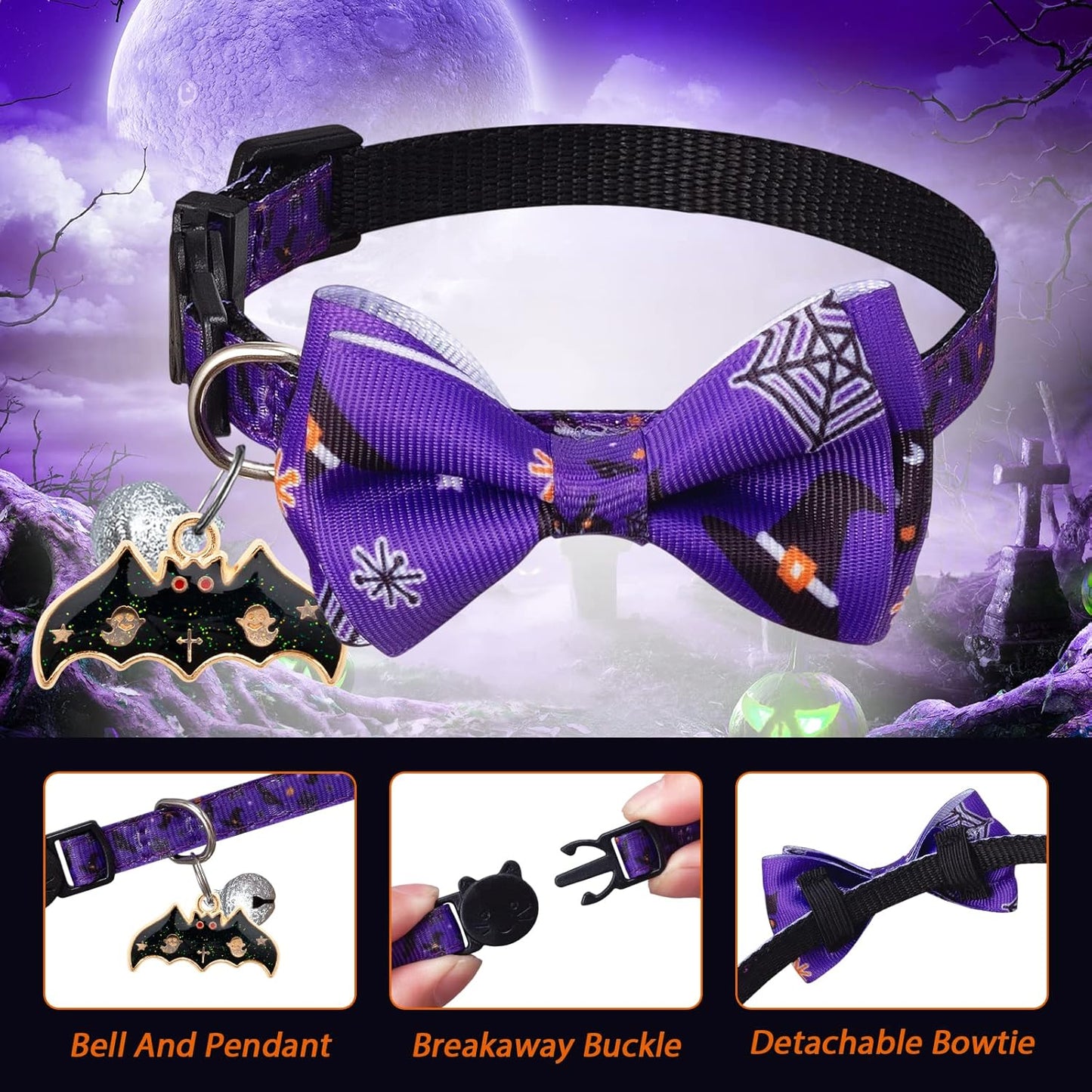LLHK 4 Pack Halloween Cat Collar with Bow Tie and Bell,Breakaway Kitten Collar for Girl Boy Cats,Adjustable 7-12inch,for Kitty Kitten Adult Cats,Pet Supplies…