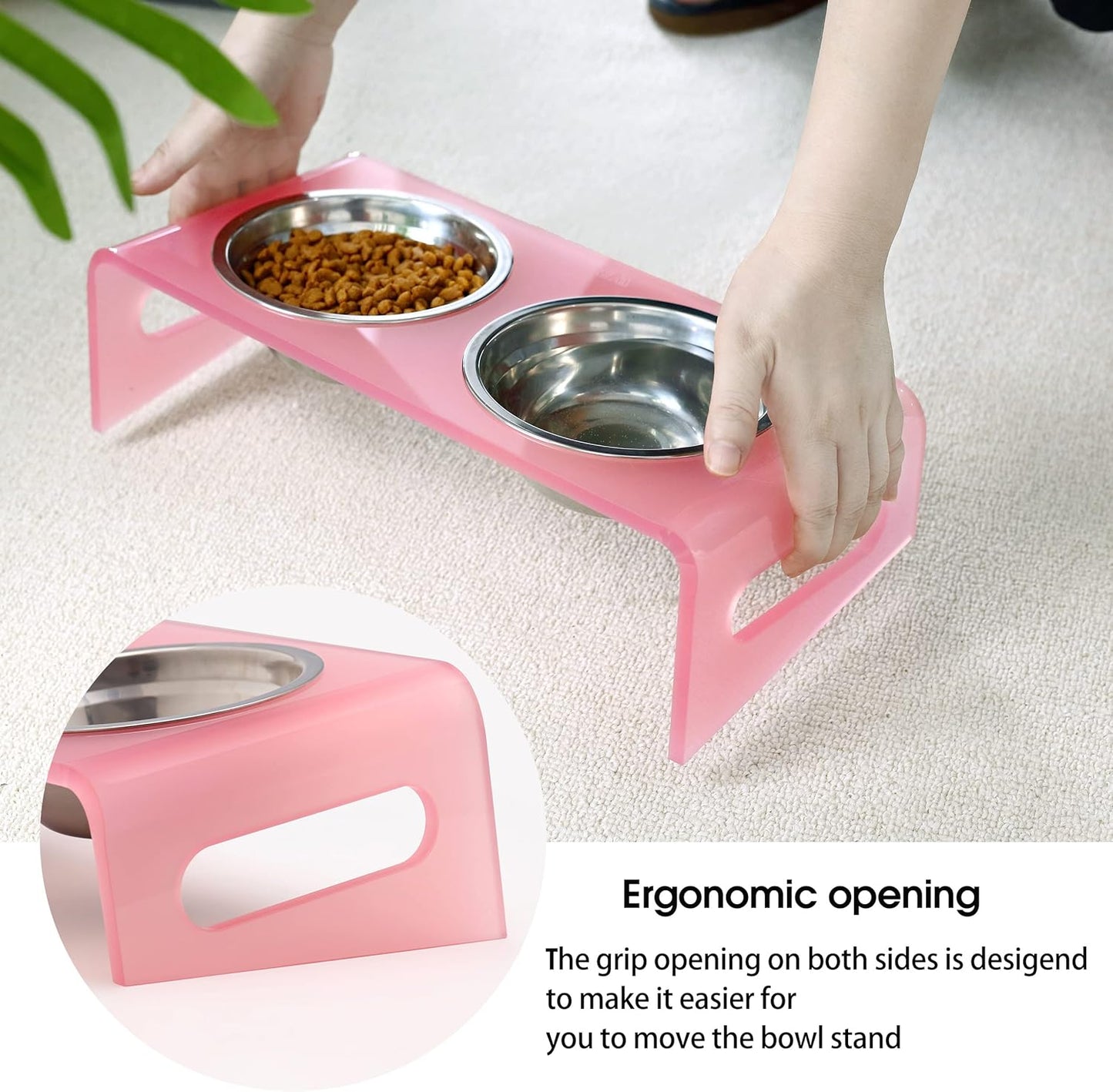 Tilted Raised Elevated Food and Water Bowls Stand for Cat or Small Dogs - Puppy's Clear Acrylic Stainless Steel Dishes Holder for Boy or Girl Pet,Modern,Durable and Easy to Clean by WBhonghui (Pink)