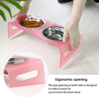 Tilted Raised Elevated Food and Water Bowls Stand for Cat or Small Dogs - Puppy's Clear Acrylic Stainless Steel Dishes Holder for Boy or Girl Pet,Modern,Durable and Easy to Clean by WBhonghui (Pink)