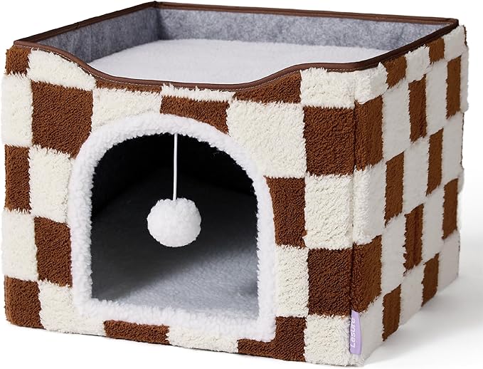 Lesure Indoor Cat Beds Kitten House - Large Cat Cave for Pet Cube with Fluffy Ball Hanging, Foldable Small Animal Hideaway, 16.5x16.5x13 inches, Brown Checks