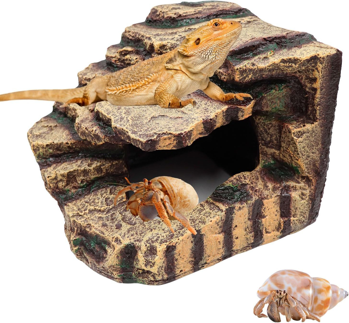 Oooct Hermit Crab Hideout, Resin Simulation Stone Reptile Cave Hideout, Hermit Crab Climbing Toys, Terrarium Habitat Decor for Lizard Spider Aquarium Fish Gecko Bearded Dragon