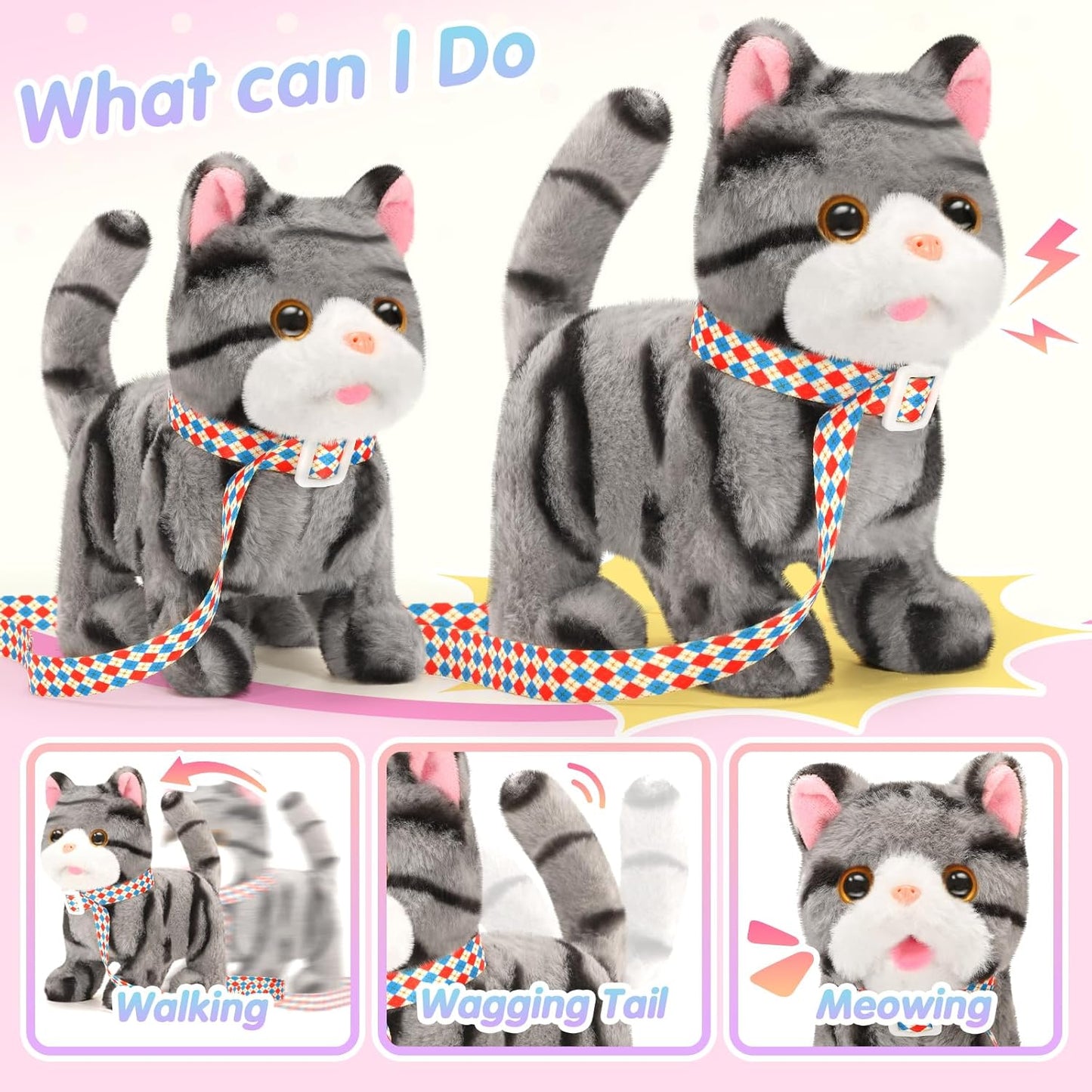Plush Cat Toys for Kids with Leash, Interactive Plush Kitty Can Walk,Meow, and Wag Tail, Realistic Toys Pet Christmas Birthday Gifts for Boys and Girls