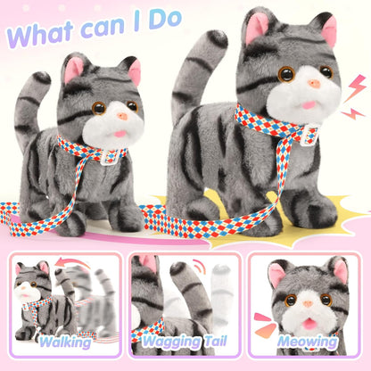 Plush Cat Toys for Kids with Leash, Interactive Plush Kitty Can Walk,Meow, and Wag Tail, Realistic Toys Pet Christmas Birthday Gifts for Boys and Girls