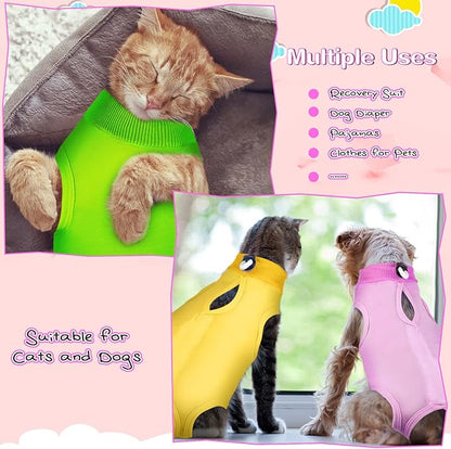 Nuanchu 3 Pieces Cat Recovery Suit Kitten Recovery Suit E-Collar Alternative for Cats and Dogs Abdominal Skin Anti Licking Pajama Clothes Sets(Medium,Simple Style,Yellow Green Pink)