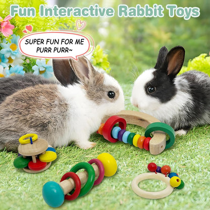 PINVNBY 4 PCS Wooden Rabbit Toys Interactive Bunny Toys Multi-Colored Guinea Pigs Toys Indoor Outdoor Playing Teeth Grinding Toys for Chinchillas Hamsters Rats and Other Small Animals