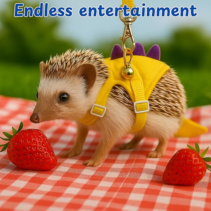 Adjustable Hedgehog Leash and Harness with Safe Bell, Dinosaur Shaped Harness Leash for Training Playing, Hamster Clothes for Ferret Guinea Pig Hamster, Hedgehog Accessories (Yellow)