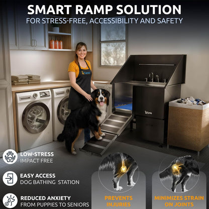 KANIS Black Line Professional Dog Washing Station - 304 Stainless Steel Pet Wash Sink & Grooming Bathtub w/Shower, Floor Grates and Storage for Large, Medium & Small Pets (40", 1 Drawer - Left Ramp)