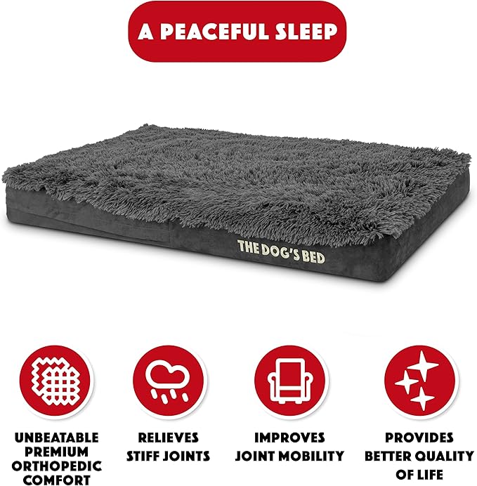 The Dog’s Bed Orthopedic Memory Foam Dog Bed, Large Grey Faux Fur, Pain Relief for Arthritis, Hip & Elbow Dysplasia, Post Surgery, Lameness, Supportive, Calming, Waterproof Cover