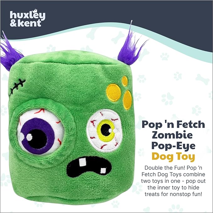 Huxley & Kent Dog Plush Toy w/ Squeaker - Interactive Dog Toys For Puppies & Adult Dogs - Diamond Mesh Tech Lined Puppy Plush Toys - Easy-to-Clean Pet Toy (Pop n' Fetch Zombie Pop-Eye,Small)