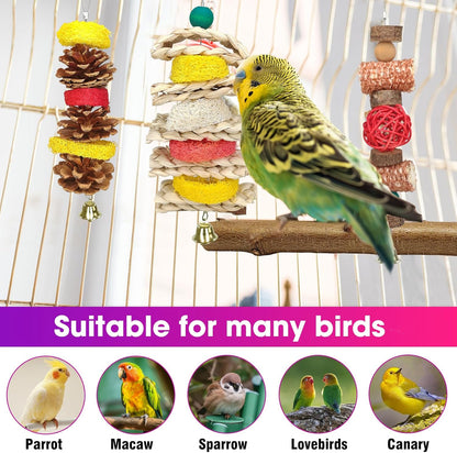 Natural Wood Bird Chew Toys, 7 Pack Hanging Parrot Cage Perch Stand for Parakeet, Cockatiel, Lovebird, Budgie