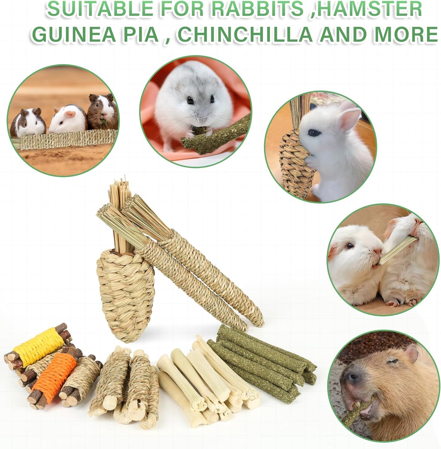 Rabbit Toys 33Pcs, Natural Hay Hamster Chew Toys for Teeth, Handmade Dried Sweet Teething Grass Sticks Watercress Carrot for Chinchillas Bunny Small Animals