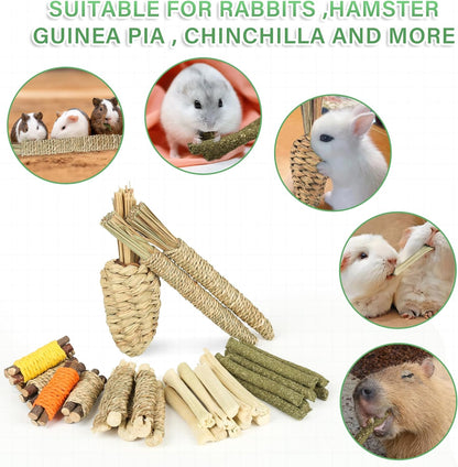 Rabbit Toys 33Pcs, Natural Hay Hamster Chew Toys for Teeth, Handmade Dried Sweet Teething Grass Sticks Watercress Carrot for Chinchillas Bunny Small Animals