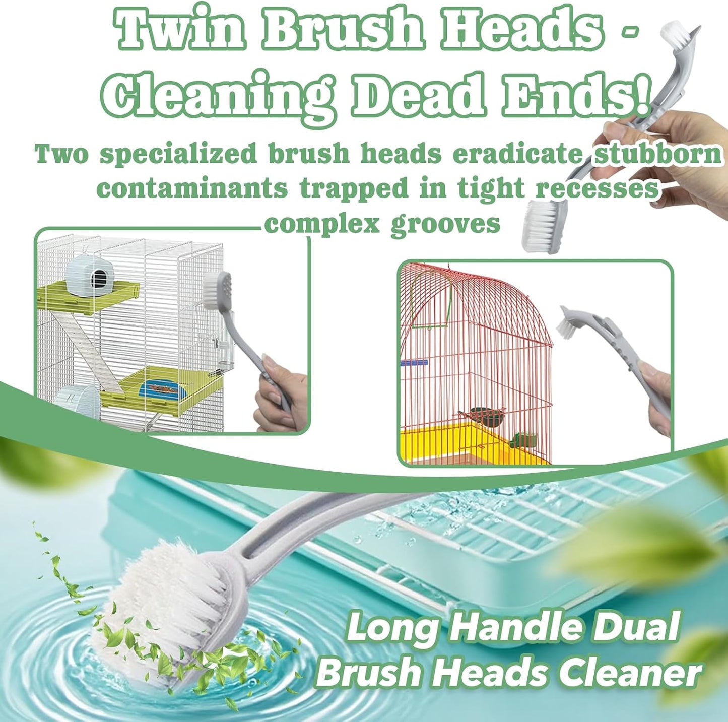 2 Pcs Bird Cage Cleaner Brush & Scoop with Long Handle and Curved Brush Head, 2-in-1 Bird Cage Cleaner with Front and Back Brushes for Kennel, and Parrot Perch Cleaning