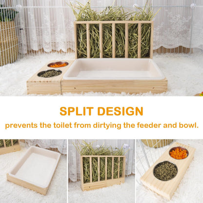 3 in 1 Rabbit Hay Feeder with Litter Box,Wooden Hay Feeder with 2 Bowls & Litter Box for Guinea Pig Chinchilla Bunny Other Small Animals,Large Capacity & Preventing Waste