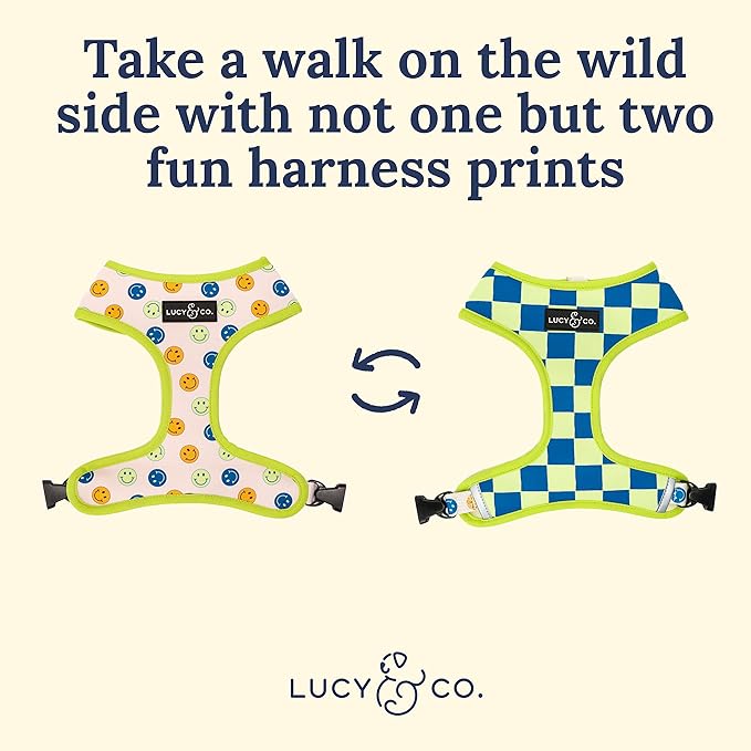 Lucy & Co. Lime Green with Blue Checker Smiley Faces Cute Reversible Dog Harness Walking Halter - Best Designer Pet Harnesses for XS - XL Dogs - Padded Adjustable Vest for Easy Walking (Medium)