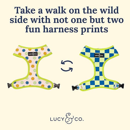 Lucy & Co. Lime Green with Blue Checker Smiley Faces Cute Reversible Dog Harness Walking Halter - Best Designer Pet Harnesses for XS - XL Dogs - Padded Adjustable Vest for Easy Walking (Medium)