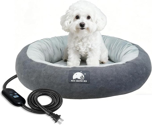 Heated Cat Bed for Small Cats, 19" Soft & Cozy Donut Pet Bed with Timer & Temp Adjustable Heating Pad for Indoor Kitten, Electric Warmer(A) (Black)