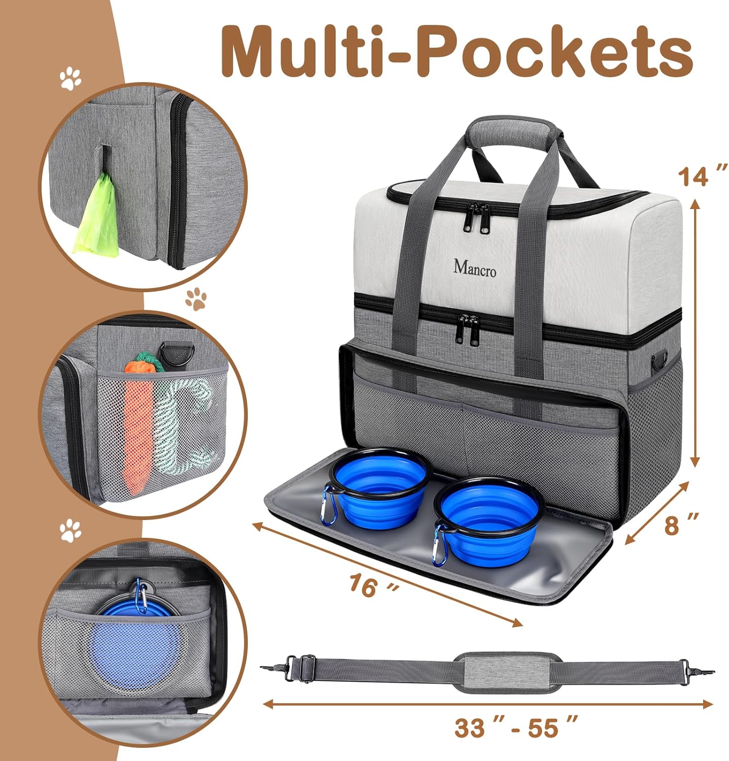 Mancro Dual Layers Dog Travel Bag, Pet Travel Bags with 2 Extra Large Food Containers, 2 Collapsible Dog Bowls, Multi-Pockets Tote Organizer for Pet Supplies, Road Trip Essentials, Weekend Camping