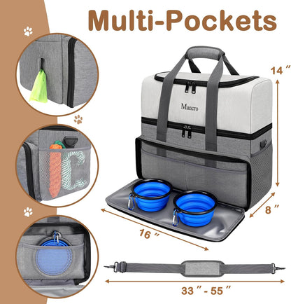 Mancro Dual Layers Dog Travel Bag, Pet Travel Bags with 2 Extra Large Food Containers, 2 Collapsible Dog Bowls, Multi-Pockets Tote Organizer for Pet Supplies, Road Trip Essentials, Weekend Camping