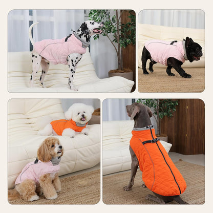 Dog Coat with Harness Built in -Orange,XL- Fleece Lined Dog Snow Jacket Snowsuit，Adjustable Reflective Winter Warm Cold Weather Coat