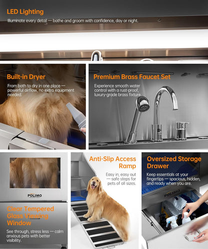 POLIMO Dog Wash Station with Pet Dryer & LED, Professional Dog Bathing Station for Large, Medium & Small Dogs – with Window, Ramp, Drawer, Floor Grate, LED Display & Faucet (Right Ramp & Dryer, 61")