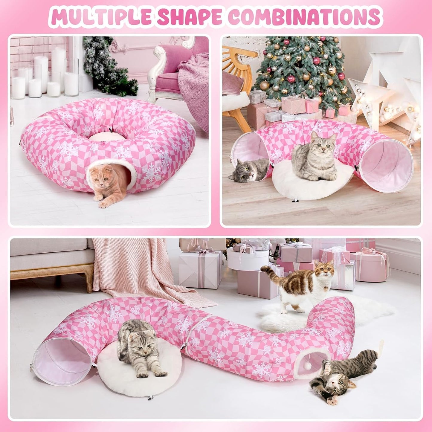 Christmas Cat Tunnel Bed Peekaboo Cat Cave Donut Under Christmas Tree Pink Checker with Snowflakes Hanging Ball Festive Decor Playground Toys Perfect for Medium Large Cats, Kittens, Rabbit, Ferret