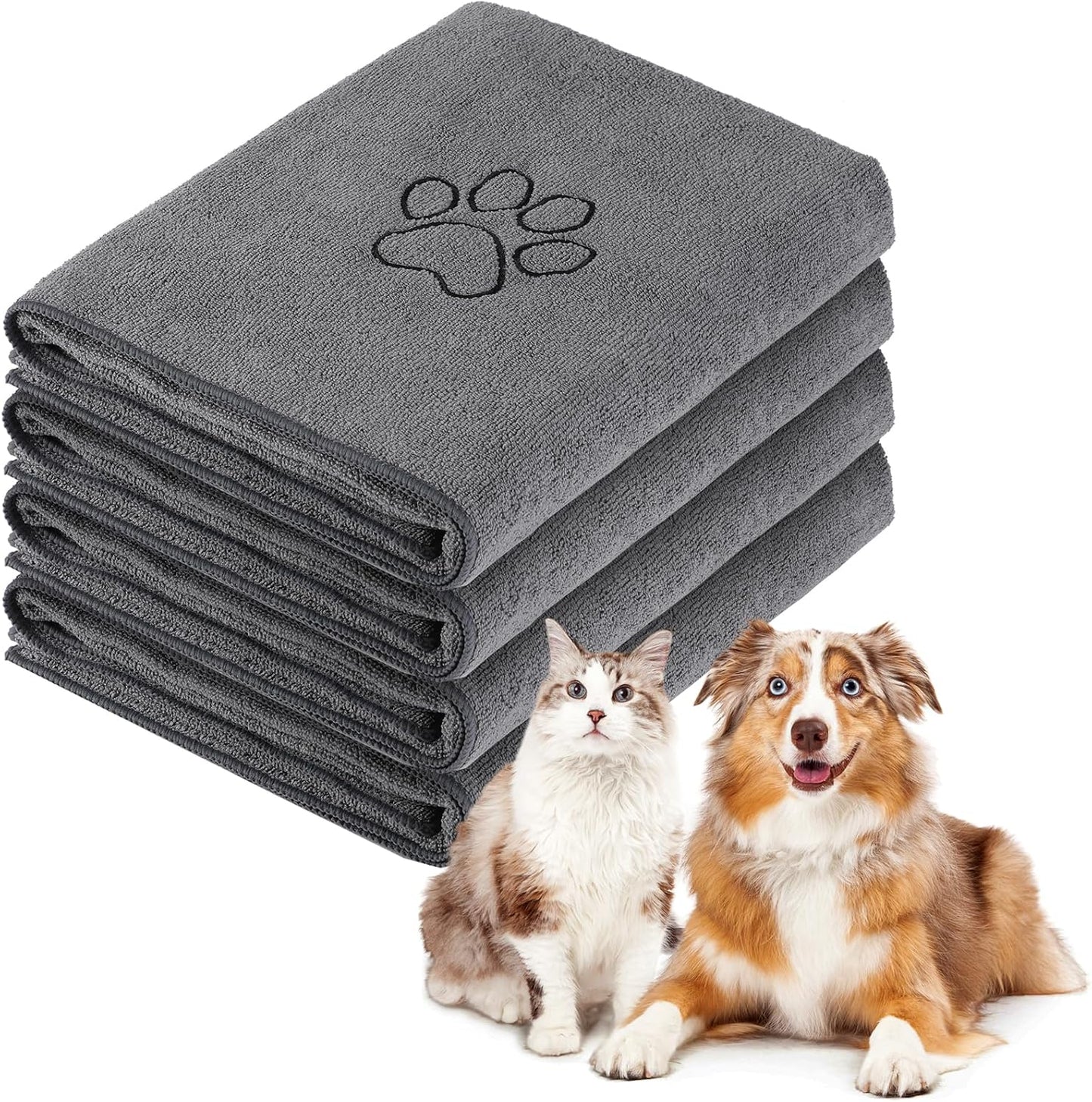 Chumia 4 Pack Dog Towels for Drying Large Microfiber Grooming Tools Absorbent Soft Bath Supplies with Embroidered Paw for Small Medium Pet Products(30 x 50 Inch,Gray)