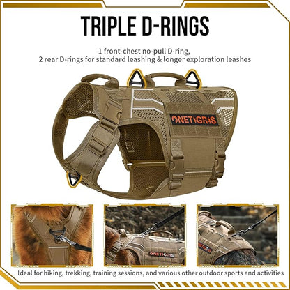 OneTigris Tactical Dog Harness for Large Dogs, Adjustable Tactical Dog Harness with Handles, Reflective Vest Heavy Duty & Breathable Military Assistance Vest with No Pull Buckle, Brown