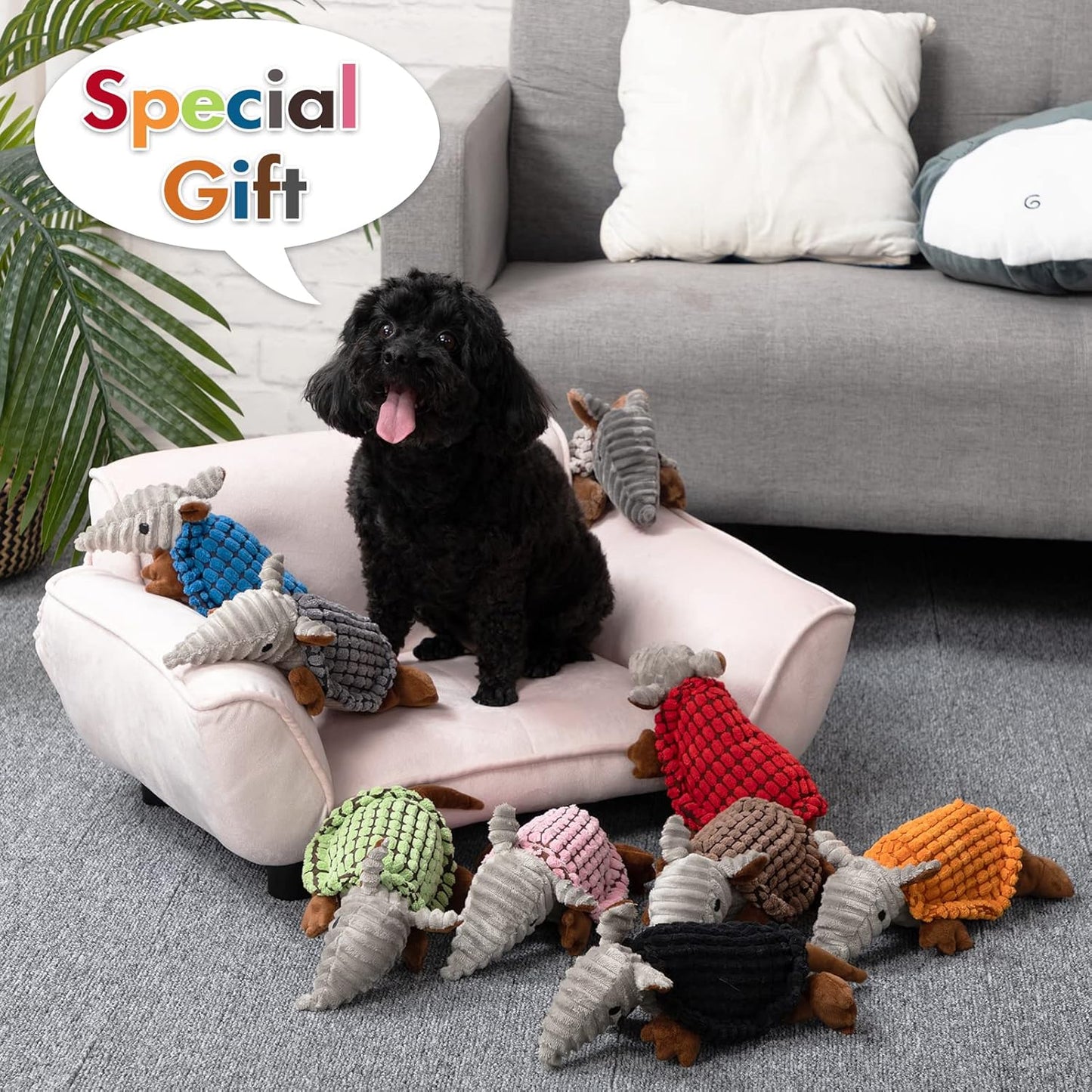 Hollypet Plush Dog Squeaky Toy Stuffed Armadillo Animal Pet Puppy Chew Toys with Clean Teeth for Small Medium Large All Breed Sizes Dogs, Black, 8 in