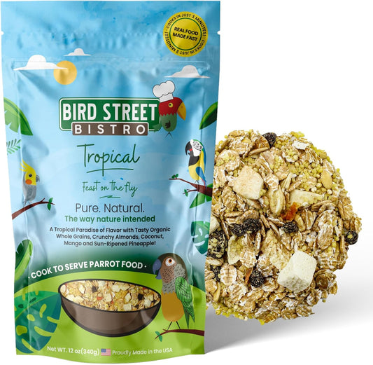 Bird Street Bistro Parrot Food for Parakeets & Cockatiels - Tropical - 18 oz - Cooks in 3-15 min, Natural & Organic Grains, Fruits & Vegetables - USA Made