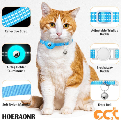 Apple AirTag Cat Collar, GPS Tracker with Reflective Breakaway Design, Lightweight Kitten Collar with Bell (Gray/Luminous Blue)