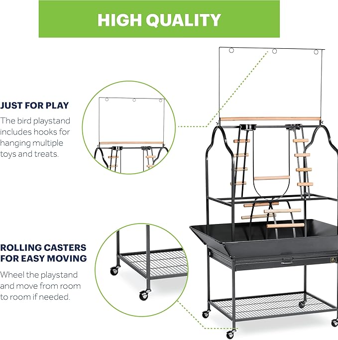 Prevue Pet Products Large Parrot Playstand with Wheels, Bird Stand Activity Play Center with Perches and Ladders, Indoor Outdoor Playground for Birds, Black Hammertone Finish